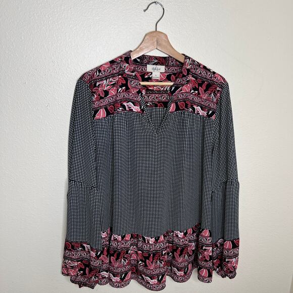 Style & Co Black Pink Floral Check Print Boho Blouse Large - Picture 1 of 9